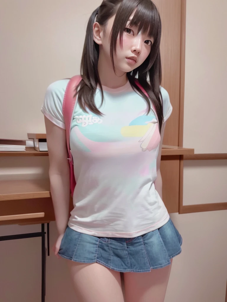 masterpiece, High resolution, Portraiture, Highest quality, High resolution, (1. Female:1.3), Realistic, alone, Wear a T-shirt and miniskirt, , Daytime shopping, street, The city will carry pink school bags, Side view, (School backpack:1.0)、Pussy