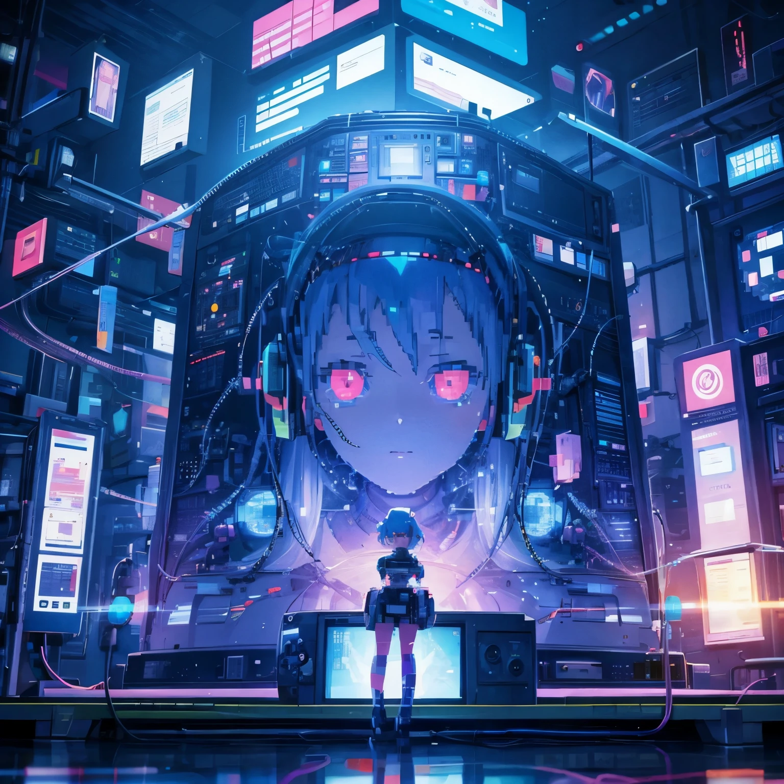 electric code, pixel art, abstract, anime girl hologram, wireframe, radio, interface, computer robot, factory