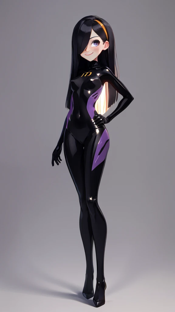 (full body),masterpiece, highest quality, One girl, Violet Par, mask, Long Hair, Black Hair,  Hair on one eye,  (Hero Suit)，Bodysuits，Thick thighs，Place one hand on hip，upright，View your viewers, smile, Simple Background 