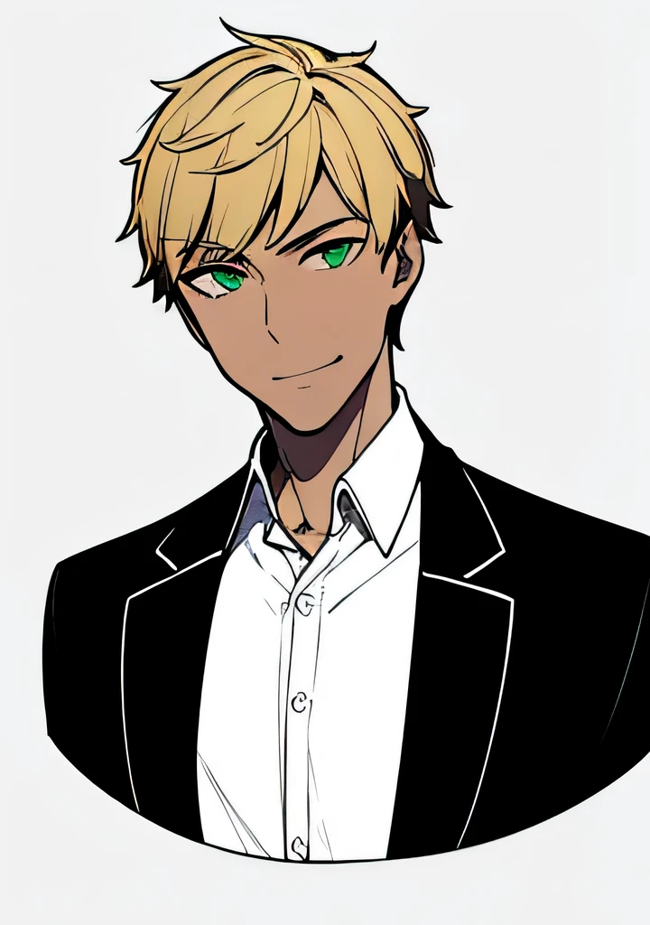 One young Adult male, dark tanned skin, handsome, dirty blonde short hair, green eyes, confident yet kind expression, smug smile, wearing white collared shirt and black jacket, portrait style, facing forwards, plain grey background 