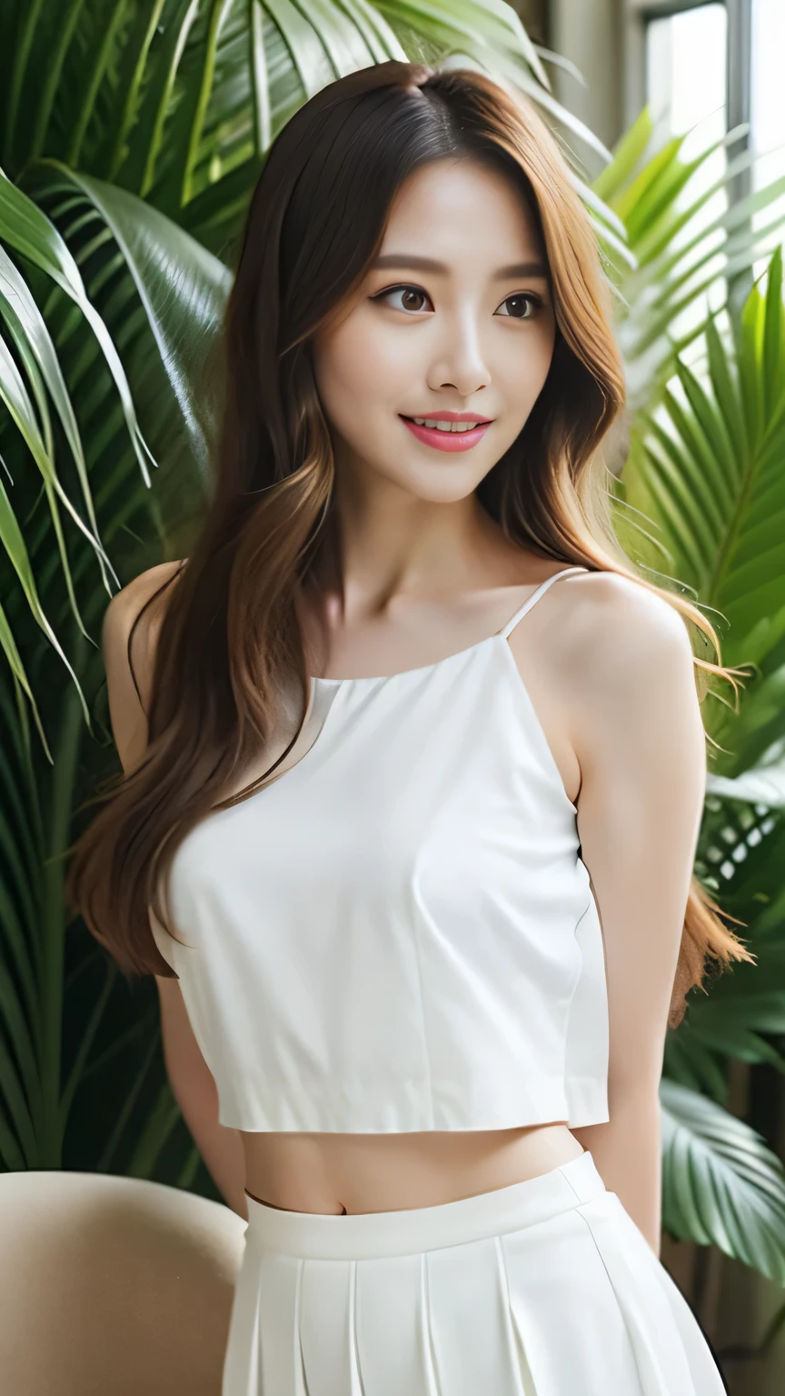 Shiny transparent white skin, Wind hair gets in the way of a pretty face, 25 years old, cute sexy little handsome face, pink lips, side parted, Beautiful straight hair that shines, talllight, light blue eyes, Long silky bangs covering cute eyes, Sexy face hiding hair super long hair sexy cute young lady long natural blonde shiny shiny hair, The sea shining in the morning sun, (Sexy white micro blouse and white tight skirt: 1.2), Tropical islands, Palm trees, Blonde Glossy Light Hair, natural wave hair, very Long hair, hair over one eye, light blue eyes, 1 Lady, (Intricate details: 1.2), long upturned eyes, (Detailed eyes), (A detailed face), beautiful Smile, Transparent white glossy skin, flushed cheeks, Medium chest, slender body shape, tight waist, small ass, thin and long legs, the visible part of someone's thighs between their skirt, beautiful hands, thin shoulders, Look at viewers, dynamicposes