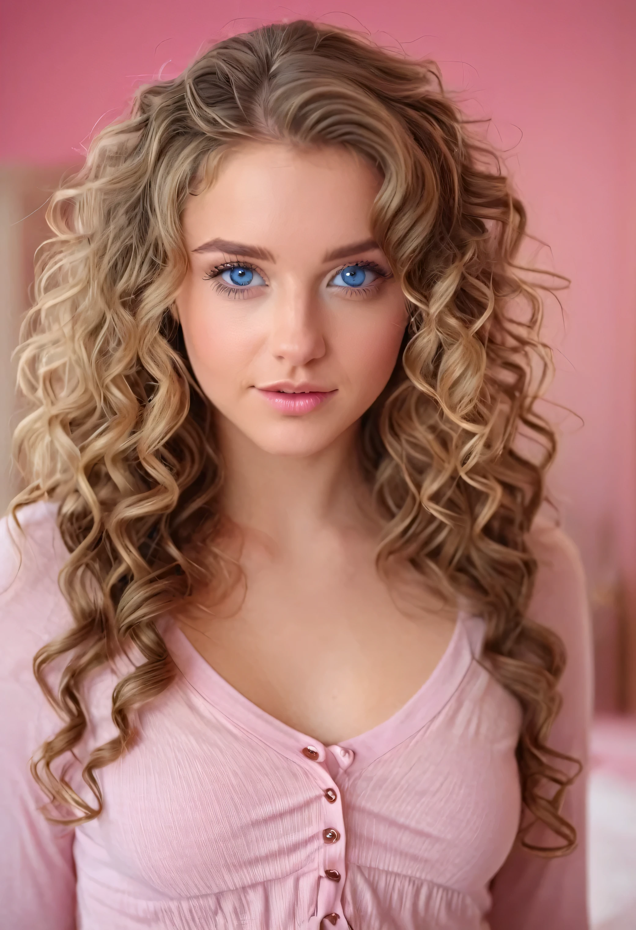 a female, close-up photo front view of a young 20 year old beautiful, blue eyes, natural look north american, young adult, fit body, long curly dark blonde hair, wearing classy clothes, in a pink bedroom background. shot with Sony Alpha A6500 1.4f, bokeh, highly detailed, masterpiece,