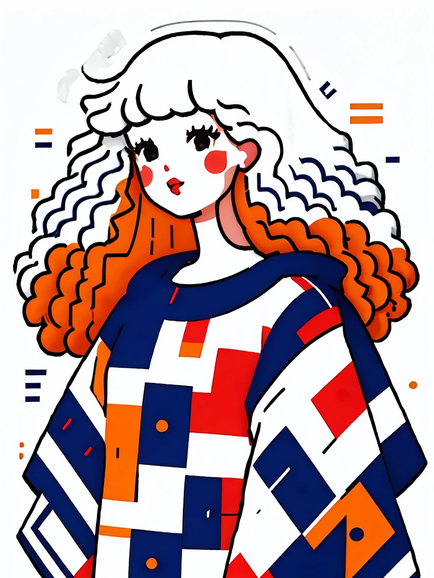 A girl，Long curly hair，Delicate face，skxt，White background，Solid color background，