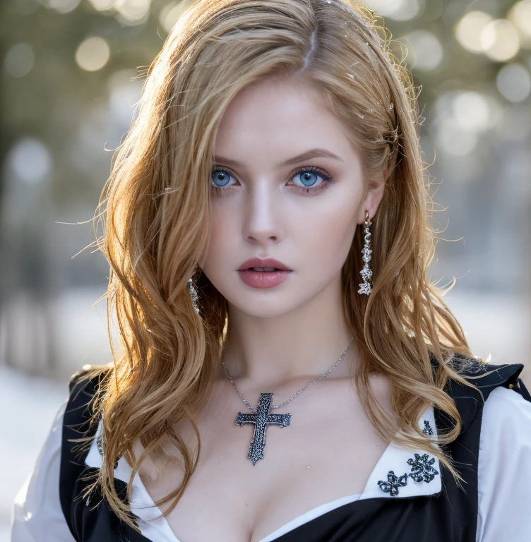 1 miniature Beautiful beautiful woman - Yuan Sayuki, ((top quality, 8K, Masterpiece:1.retty woman, 1 woman, huge breasts:1.3, a slim body:1.1, lush GINGER short hair, (shower, wet body, wet clothes:1.1), very detailed face, detailed lips, detailed eyes, double eyelids, Detailed blue eyes, чрезвычайно Detailed Outstanding Blue Eyes, short GINGER wet hair, GINGER wet hair, Detailed Outstanding Blue Eyes, innocent look at the viewer, very wet wavy white hair, Detailed Outstanding Blue Eyes, huge cross earrings, Outdoors, badges behind, gothic maid uniform, sexy maid dress, bare chest, huge chest tattoo, detailed huge catholic cross earrings, chest tattoo, Outside, wear a silver cross (Detailed cross shape), reality mode, wet breasts, black necklace, human crowd behind, black latex gloves, hair of white snowy colour, night time, red neon lights, demonic nun, nimbus (golden lighting ring above her head), angel, snowy weather, sexy pose, white lingerie, black maid dress, flower wreath