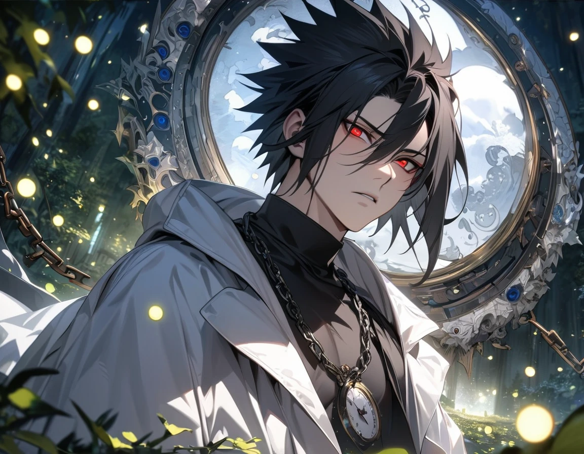 absurdres, highres, ultra detailed, HDR, master piece, best quality, extremely detailed face and eyes, Uchiha Sasuke, expressive red eyes, black hair, hair between the eyes, Naruto Shippuden, solo, sexy man, handsome features, white coat, black tight shirt, clock mechanical moon, fantasy, chains, fireflies, in wonderland