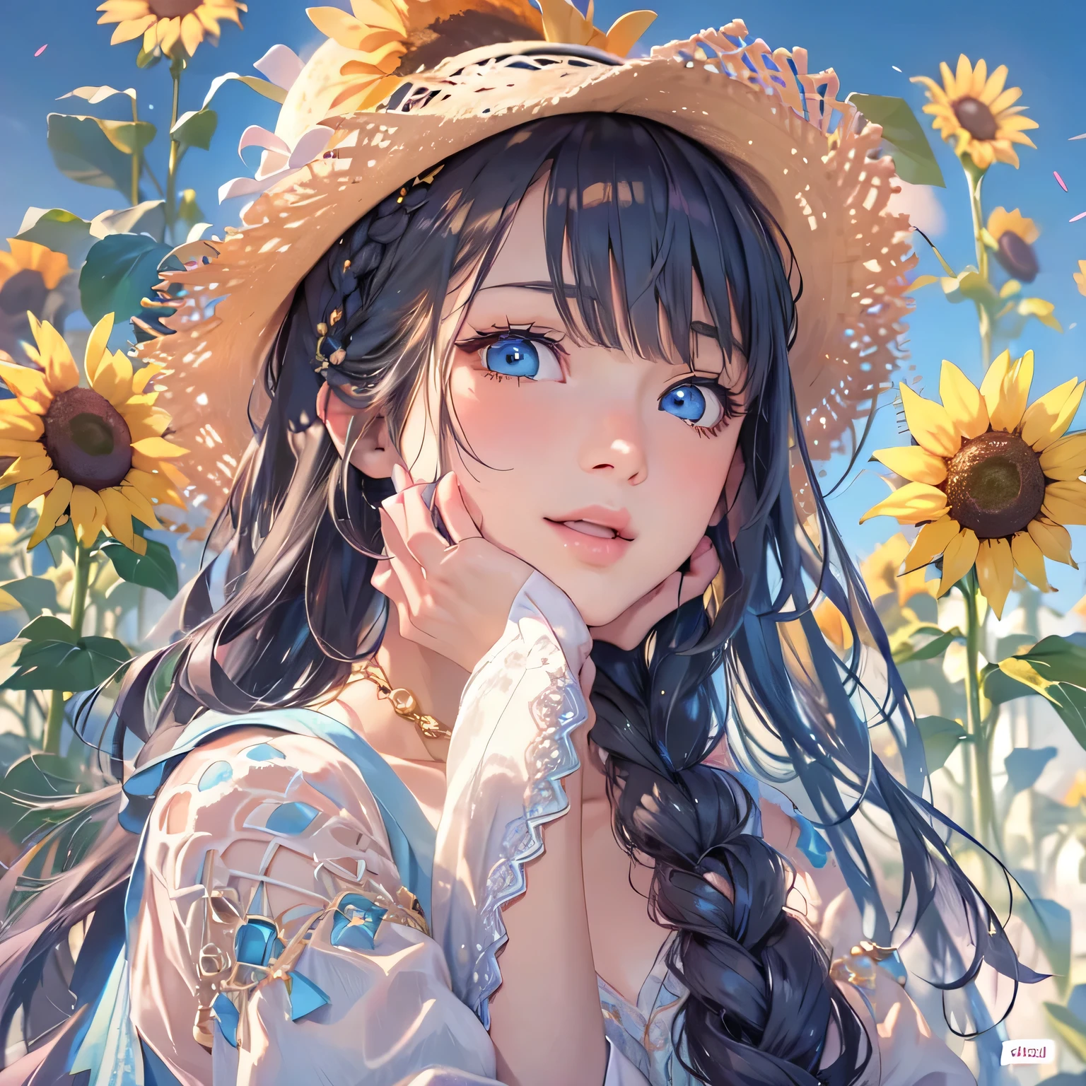 masterpiece、highest quality、High resolution、High-quality images、8k, 1 female、Skin Radiance、Texture of skin and clothing、Expression of fine eyes、Shiny light black hair,Girl with long braided hair, Manga inspired by Lee Jong-suk, Trending on deviantart, realism, detailed manga style, Manga art style, Perfect Line Drawing, Beautiful line art, digital manga art girl, K-POPアイドル, one piece,Large Breasts,Beautiful light blue eyes, Lips become thicker, Gorgeous face with attention to detail, (Cute Smile), charm, Innocent, Side view, (Perfectly detailed face), (Beautiful Hands) Photorealistic images, Written boundary depth, Princess Hairstyles, sunflower, Straw hat,one piece,wonderful flower garden,Beautiful sunflower,Romanticism,