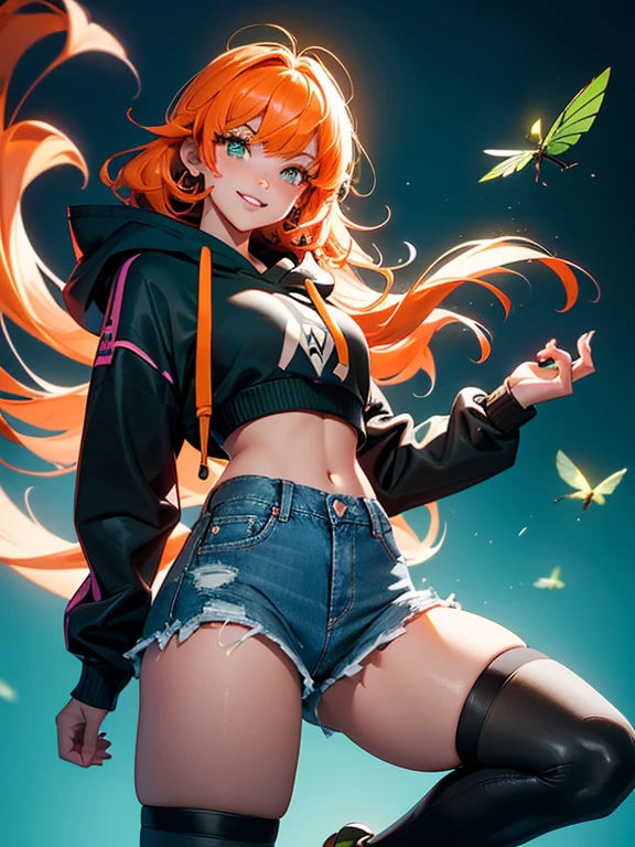 (masterpiece)(high resolution)(single 22-year old girl)(treehouse)(nighttime)(jumping mid-air)(messy, short orange flared hair)++(nose ring)++(green eyes)(shiny skin)+(glossy lips)+(wide open smile)(happy and eager)(pink color hoodie with a cool design)(tight blue denim shorts with fringe)(tight black stockings)+(lots of gwish)(facing camera)(fireflies)