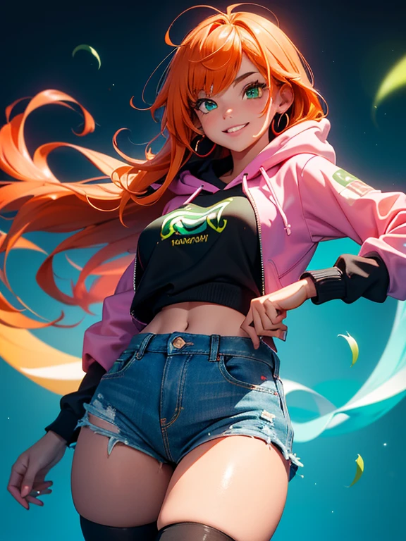 (masterpiece)(high resolution)(single 22-year old girl)(treehouse)(nighttime)(jumping mid-air)(messy, short orange flared hair)++(nose ring)++(green eyes)(shiny skin)+(glossy lips)+(wide open smile)(happy and eager)(pink color hoodie with a cool design)(tight blue denim shorts with fringe)(tight black stockings)+(lots of gwish)(facing camera)(fireflies)