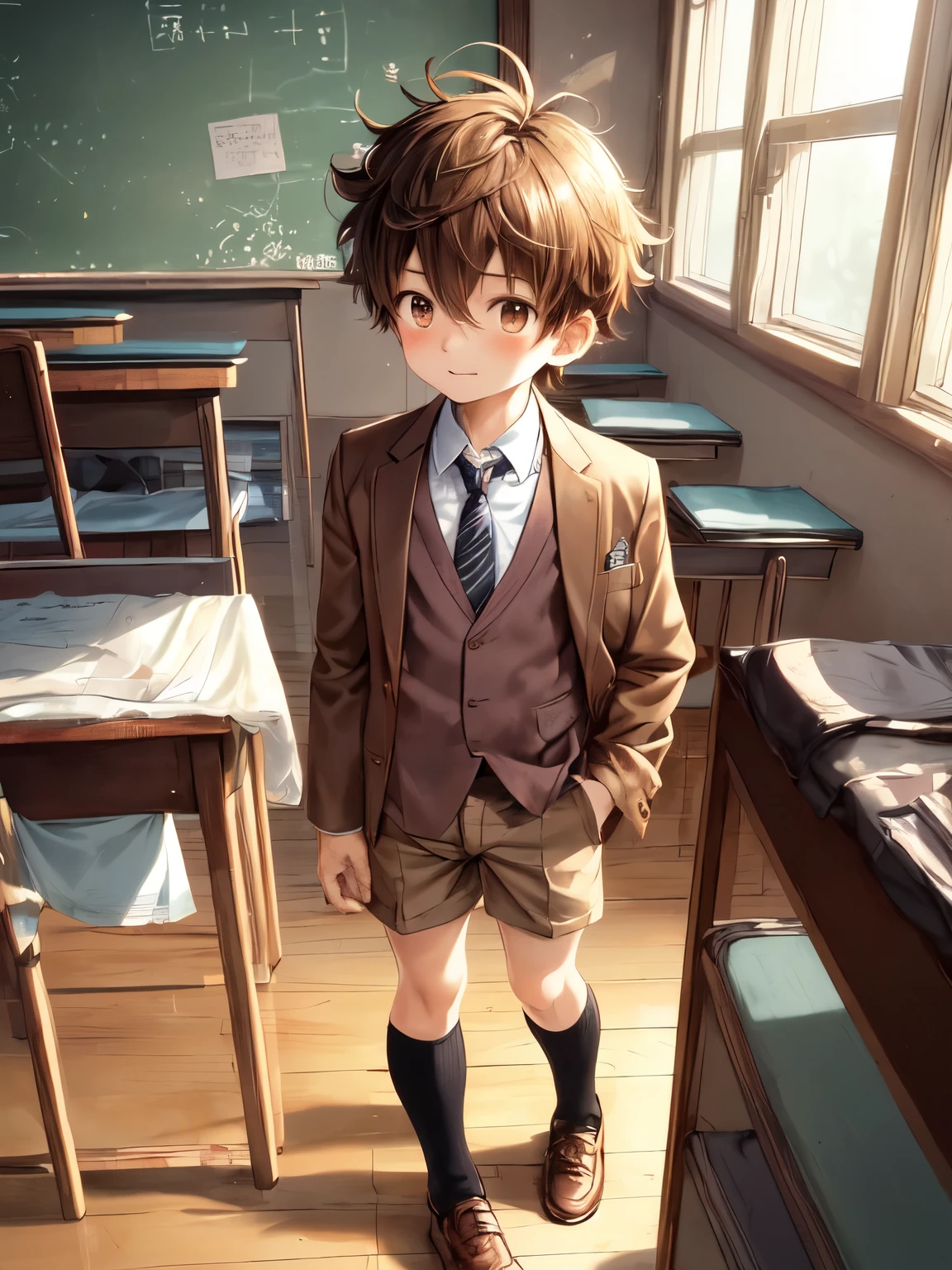 (masterpiece:1.2)SFW, shotacon art, anime art, 1boy, adorable, cute, shy expression, short messy hair, sparkling eyes, ((wearing brown for boys)), ((baggy brown suit jacket)), blush, long necktie, wearing shorts, long socks, leather shoes, windy day, classroom, bright colors, soft lighting, warmth of spring, pastel tones, playful atmosphere, vibrant background, peaceful mood, delicate lines, nostalgic feel, subtle shading, exquisite craftsmanship, impressive attention to detail, meticulous workmanship, pure joy captured, artistic beauty, expressive characters, lively energy, perfect anatomy.