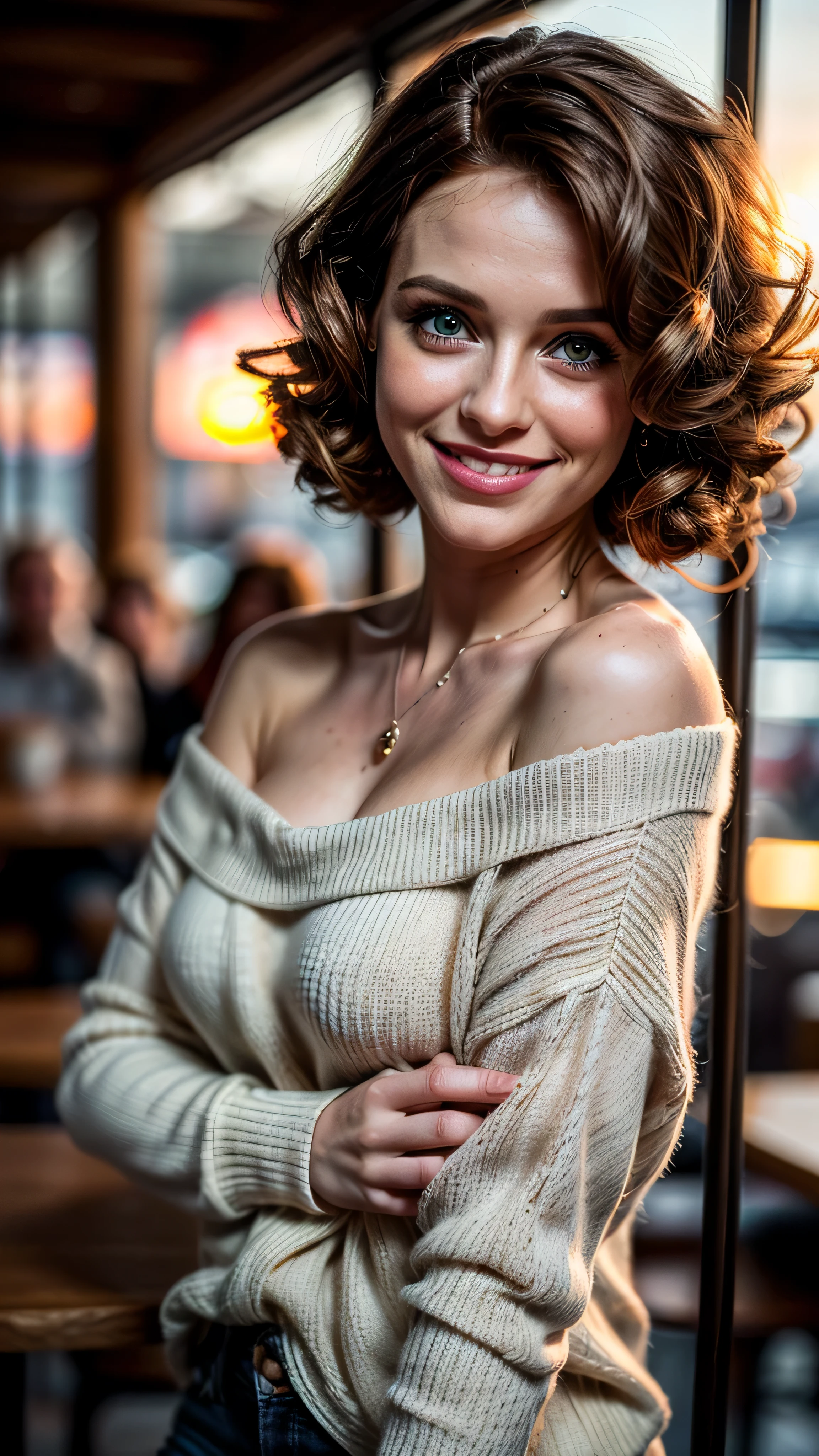 (masterpiece), (extremely intricate:1.3), (realistic), (((portrait, closeup, joyful, smiling, coffee) short curly Ginger ((barbie face girl)), cleargreen eyes, leaning forward, loose white knit sweatshirt off one shoulder, restaurant, [flat chest:medium breasts:0.4], crowd)), bokeh, dimple:1.2, upper body, indoor, intense sunlight, professional photograph of a stunning woman detailed, (sharp focus, dramatic, award winning, cinematic lighting, volumetrics dtx, (film grain, blurry background, blurry foreground, bokeh, depth of field, sunset, interaction), 8K