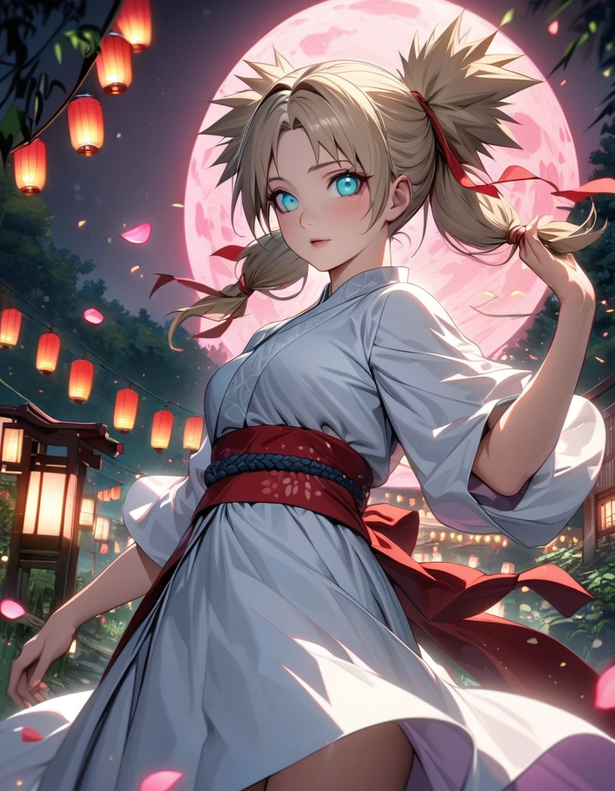 Ultra detailed, highres, absurdres, HDR, Temari, Ash blond hair, teal expressive eyes, Naruto Shippuden, pink flowers, petals, fireflies, lanterns, pink moon, woman, extremely beautiful, very detailed face and eyes, white dress, red ribbon her waist, solo