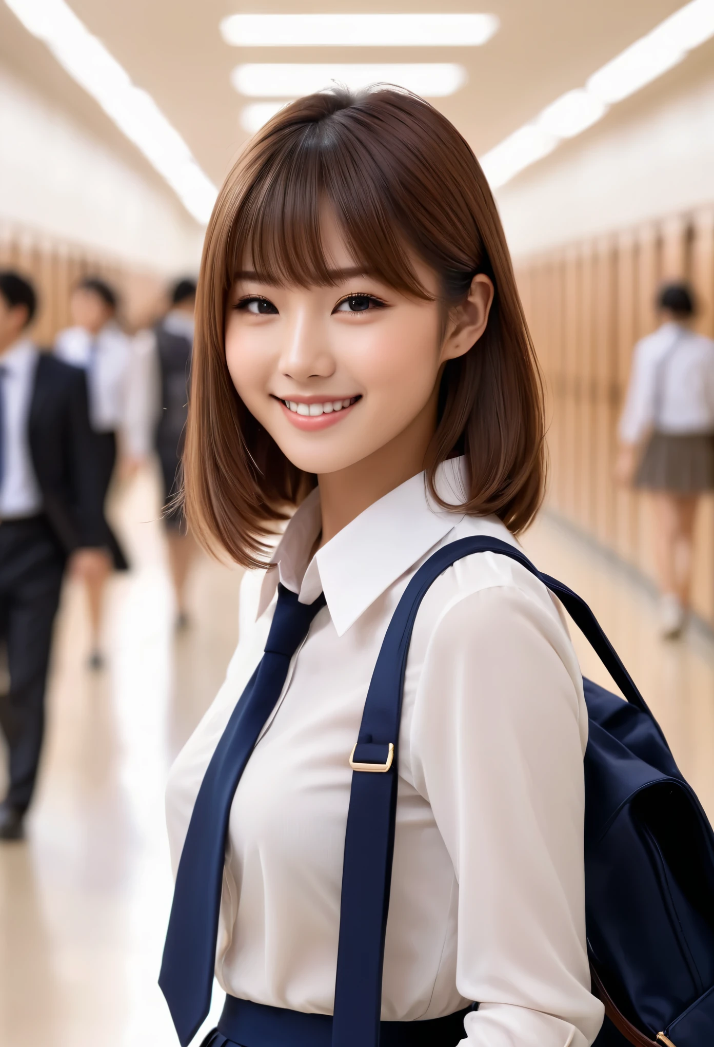 product quality, 1girl, upper body shot, front view, a Japanese young pretty woman, 18 years old, short hair, walking with a big smile on a crowded school hallway, brown school bag over her shoulder, glamorous figure, wearing a long sleeve white collared shirt with a dark blue plain long tie, wearing a dark blue pleated long skirt, hyper cute face, glossy lips, double eyelids in both eyes, natural makeup, long eyelashes, shiny smooth light brown long bob hair, asymmetrical bangs, fair skin, central image, high resolution, high detail, detailed hairstyle, detailed face, spectacular cinematic lighting, octane rendering, vibrant, hyper realistic, perfect limbs, perfect anatomy