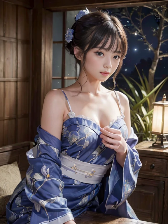 (masterpiece,Very detailed,8k,highest quality:1.5),((very cute)),Best image quality, Two-dimensional beauty,Sensual appearance,Intricate details,charm, Realistic texture, charmな,(moonlight、Firefly Light:1.3),(Wearing a blue yukata),Right shoulder visible、Beautiful and delicate hands