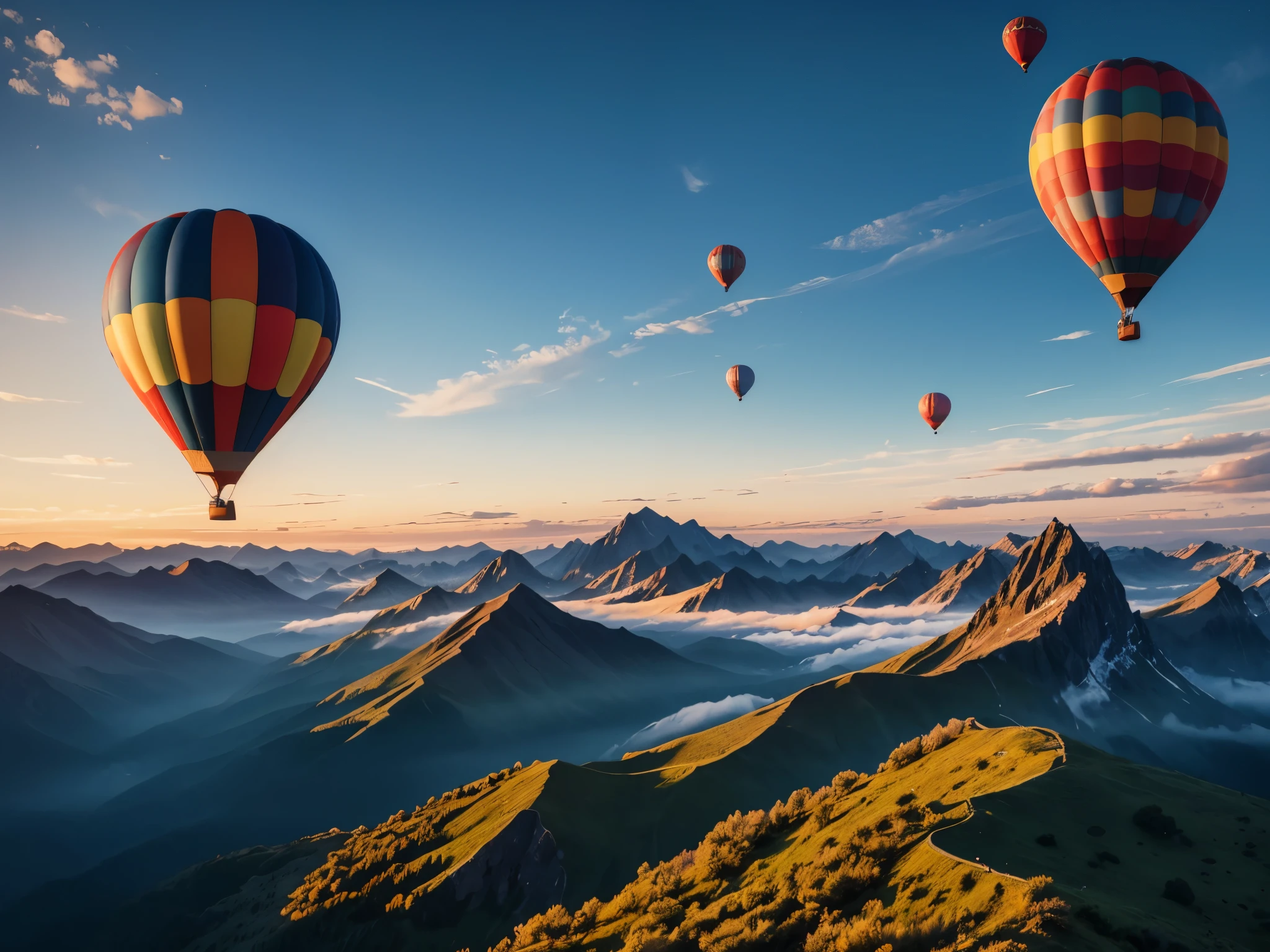 (masterpiece, best quality), best resolution, hot air balloon floating over a mountain range at dawn