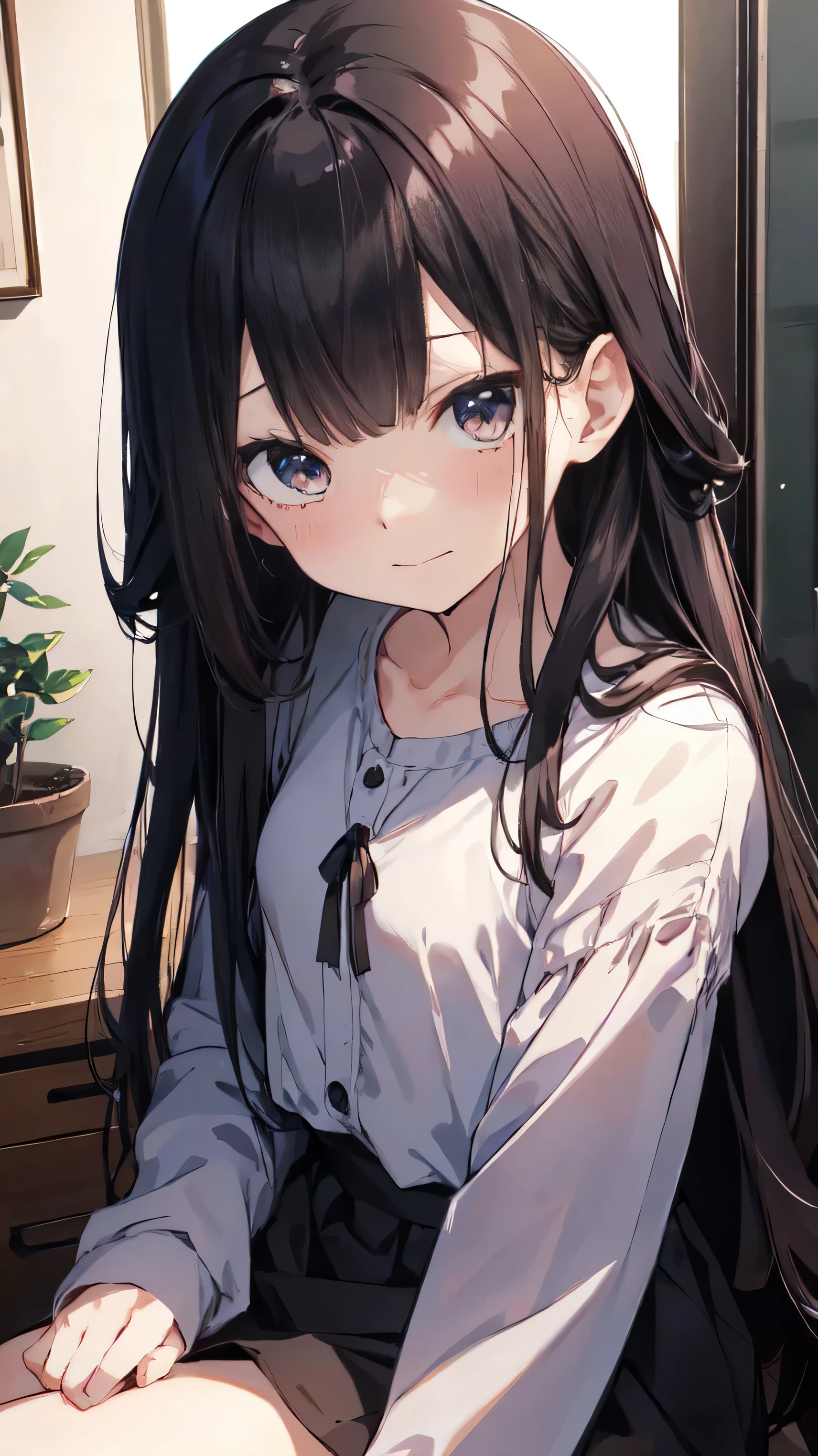Masterpiece、Highest quality、highest quality、Black Hair、((((Petite))))、(((Lori)))、 ((Blushing with a shy expression))、Shiny hair quality、Small face、Sitting、Super detailed, beautiful, wide eyes、Ultra-detailed, clear and beautiful faces、(cute illustration:1.2), High-resolution, ultra-detailed, best quality, embarrassed