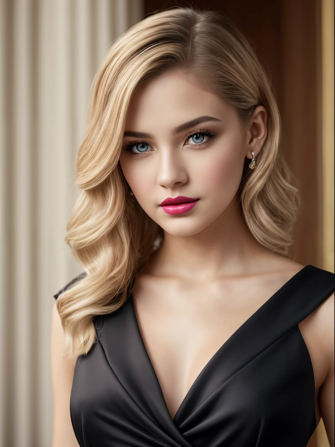 (Best quality,8K,A high resolution,Masterpiece:1.2, DSLR, 16k ),Ultra-detailed,(Realistic,Photorealistic,photo-realistic:1.37),Portrait, Creative style artwork, Historical, classical, Sophisticated, plethora of colors ,Highly detailed, Soft lighting, luxurious environment , black dress, there is young woman , girl wearing a red classy royal dress, performing a music video, slim fit (oval perfect shape, asymmetrical face structure, perfect proportion, almond eye type, hazal eye color, detailed eyes, yellow hair color, 34 inch breasts, hourglass figure, slim body, pale white skin tone ,sexy girl, 22 years old, soft wavy hair, looking away, attitude expression, professional makeup, pink lips)