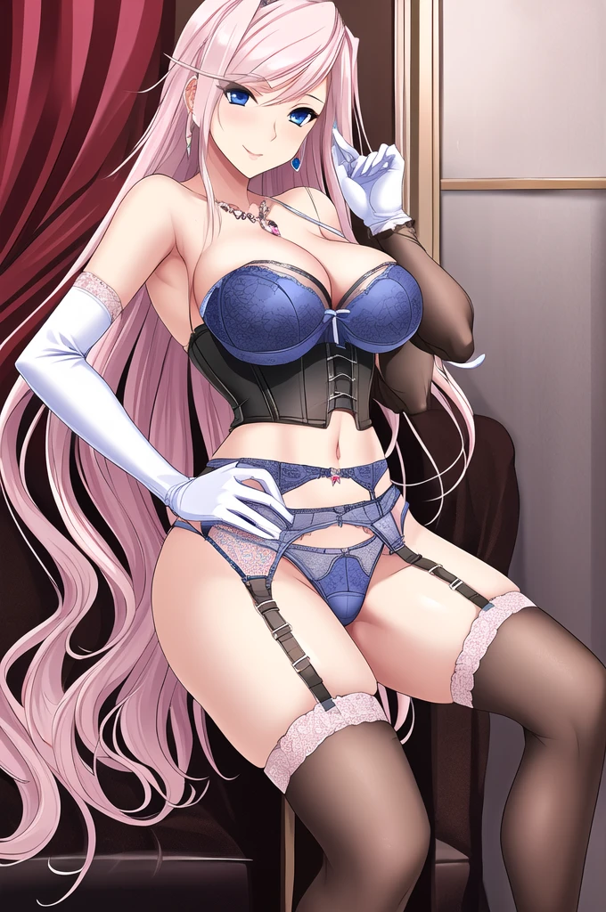 masterpiece, best quality, a beautiful sexy mature woman in a red spangle bustier and panties posing in a very provocative pose at the hotel room, (bustier:1.3), (garter belt:1.3), (panties:1.3), (stockings:1.3), 1girl, solo, thigh highs, breasts, navel, thong, high heels, cleavage, jewelry, seductive smile, ,charlotte_hazelrink, long hair, blue eyes, large breasts, jewelry, cleavage, white gloves, elbow gloves, pink hair