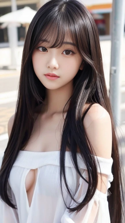 Sexy、Sexy cute looks and cute 15 year old beautiful girl, Beautiful and sexy face、A strong wind blows my hair in front of my face、Beautiful long black straight hair with beautiful cute and sexy eyes hidden by long bangs、Completely naked、open clothes,white off shoulder,See-through
