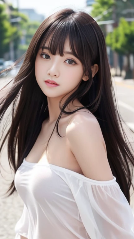 Sexy、Sexy cute looks and cute  beautiful girl, Beautiful and sexy face、A strong wind blows my hair in front of my face、Beautiful long black straight hair with beautiful cute and sexy eyes hidden by long bangs、Completely naked、open clothes,white off shoulder,See-through