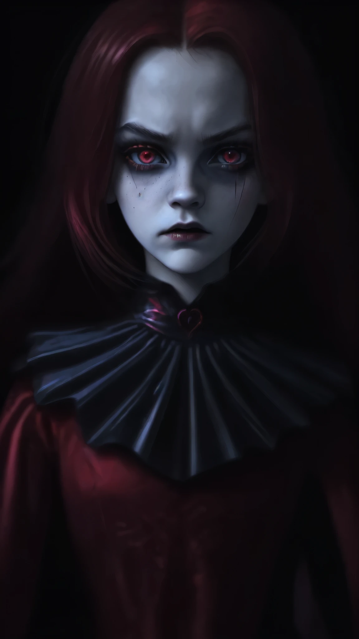 The Red Queen is a evilness,appearence a girl.red hologram((portrait: 1 girl))angry expression, pixar style, Dark, Negative, twisted, weird, (Big super-detailed eyes, Children's doll eyes), dark makeup under the eyes, mysterious background,Emma Watson, But Tim Burton,red wine dress with collar
