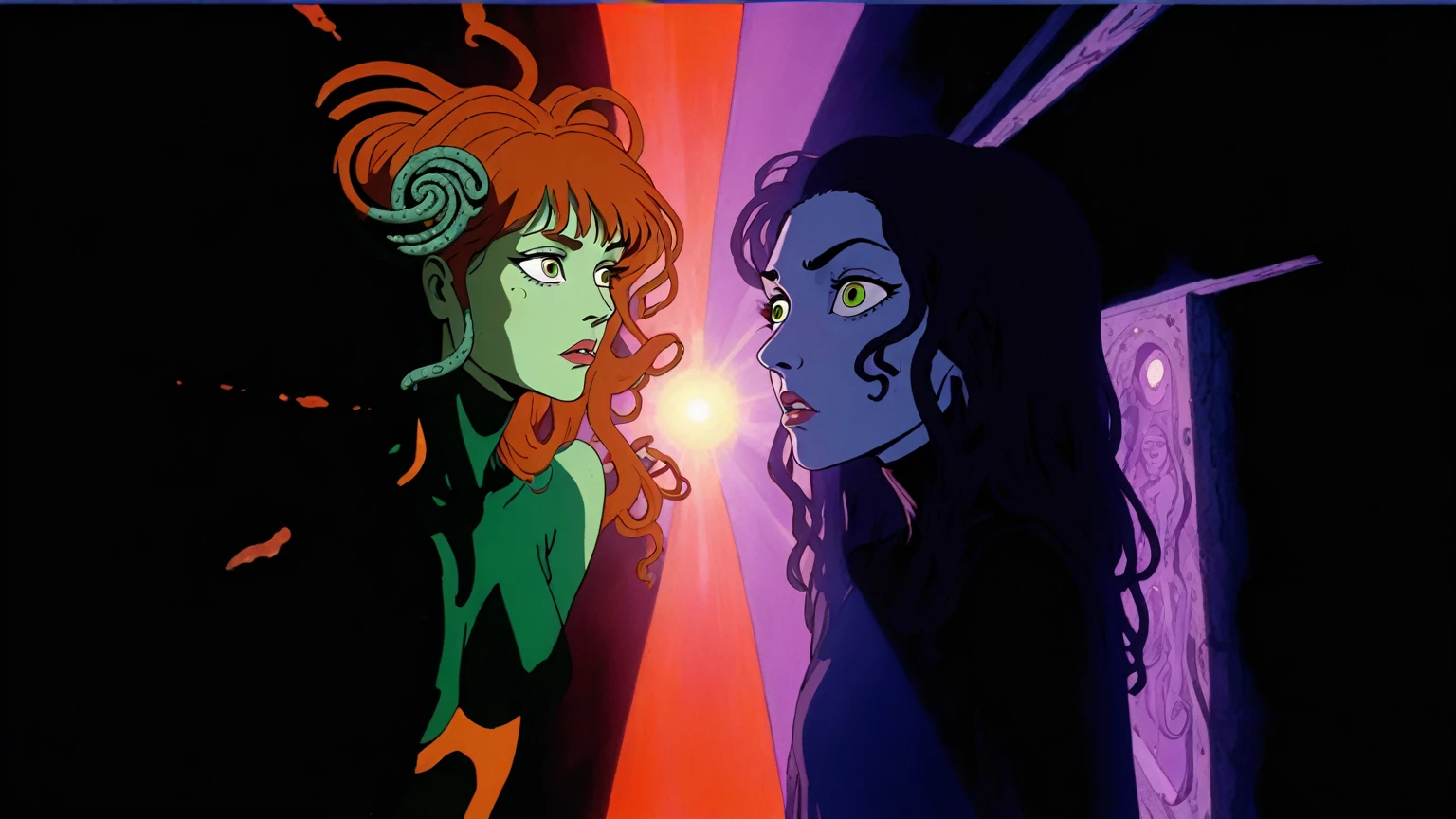 Daria and Jane portraying Medusa and Euryale (style reference Daria animated 1997, Medusa), existential crisis, floating through the ether, ethereal floatation disembodied consciousness humanity and the artificial and alien intelligences, stargate (wormhole) (cinematic, wordless, splash page, campy, b-movie cheesiness), Tarkovsky cinematography and framing and composition, intensely vivid, lush rich colorful, light rays across face similar to a light mask, universal cosmic decline, agitation, chaotic