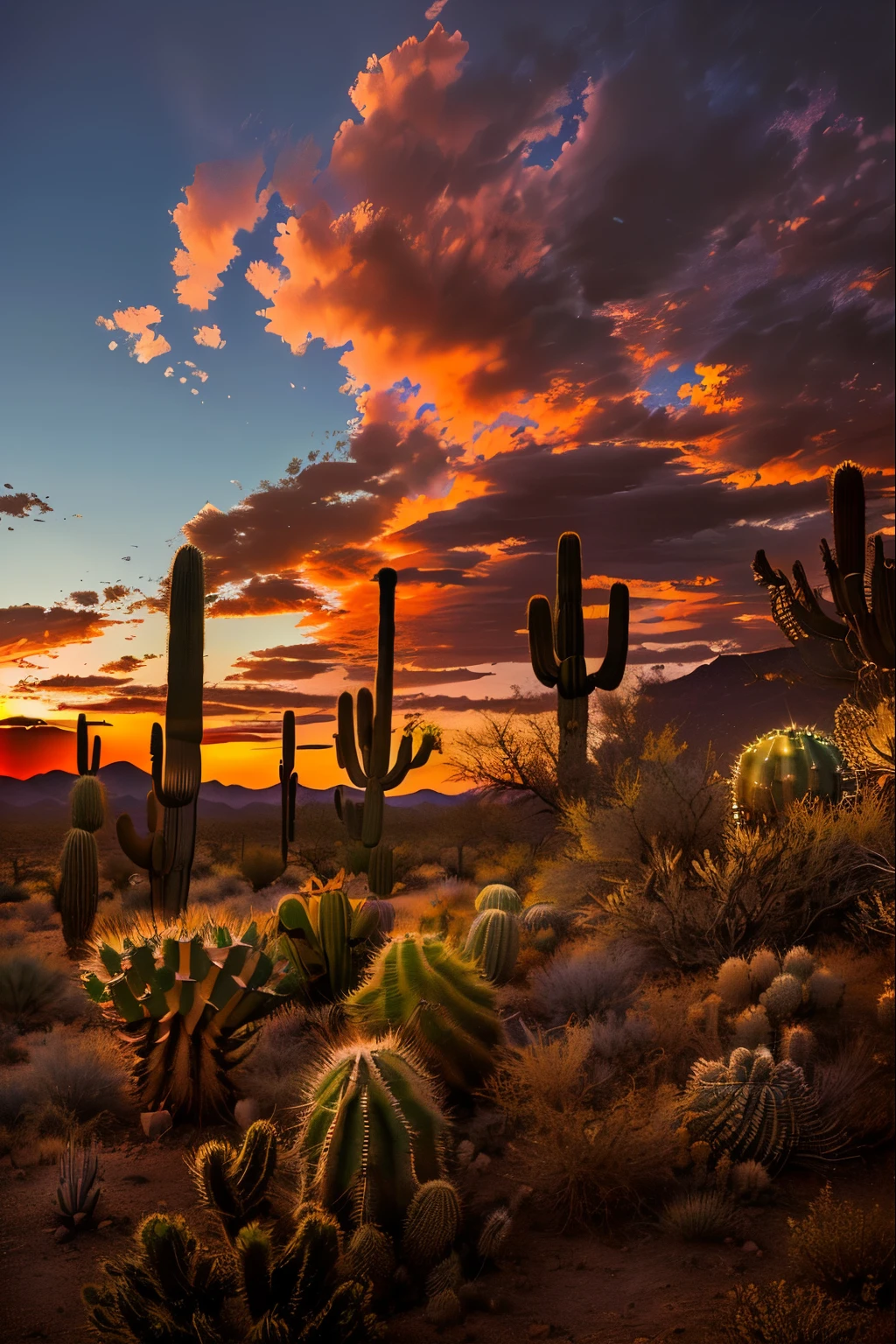 arafed view of a desert landscape with cactus plants and a sunset, arizona desert, tucson arizona, beautiful vistas with cacti, saguaro cacti, mexican desert, sunset in the desert, by Arnie Swekel, desert photography, by Linda Sutton, by Don Reichert, saguaro, by Nancy Carline, desert colors, serene desert setting