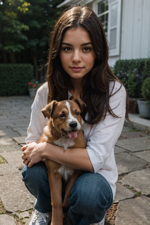 girl with her puppy happy