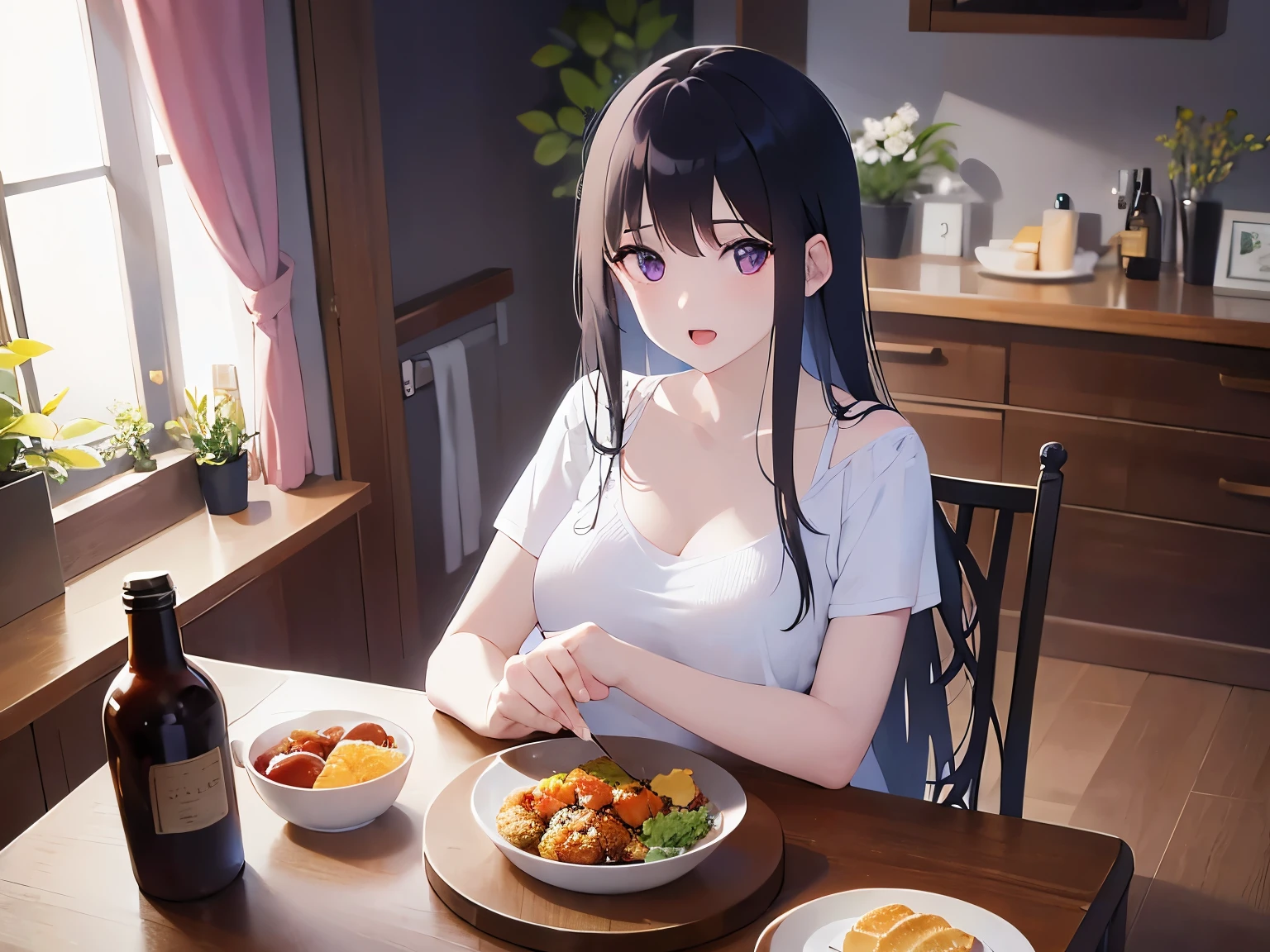 Cleavage, Upper Body, Realistic, real person, (pale skin: 1.2), shiny skin, shiny hair、(A 25-year-old woman with straight hair and bangs) and (medium hair) and (black hair) and (purple eyes) , (white) and (T-shirt) 、smile, open mouth, The dining room in the background、Alone、Sitting、Food on a plate、