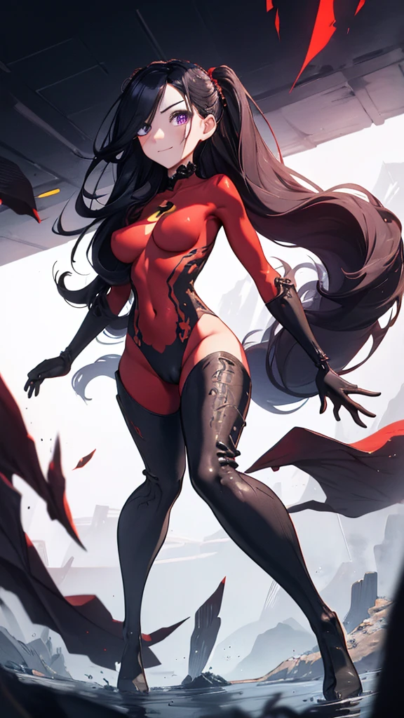 (full body),masterpiece, highest quality, One girl, Violet Par, mask, Long Hair, Black Hair,  Hair on one eye,  (Red hero suit)，Red bodysuit，black elbow gloves，Black Thigh Boots，Thick thighs，Break from below，Look down，lower your gaze， Breaking Dynamic Shots，Kung Fu Pose，highest quality, High resolution, unity 8k wallpaper, (shape:0.8), (Beautiful and detailed:1.6), Highly detailed face, Perfect Sentence, Detailed CG, (Perfect hands, Perfect Anatomy),View your viewers, smile, Simple Background 