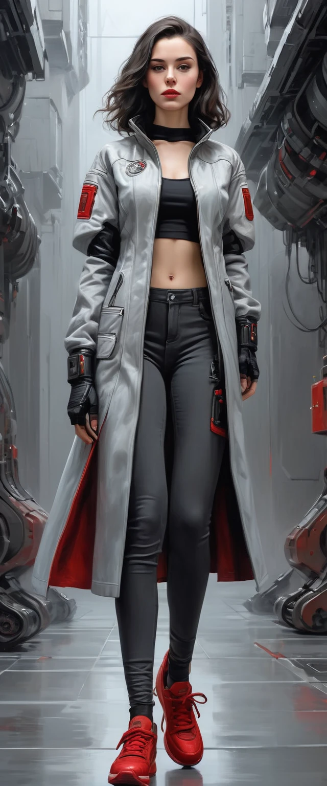 (Science fiction fantasy), (obra maestra), (Professional oil painting) (Mejor calidad), (8k resolution), (1 hermosa chica), ((pale gray skin)), (piel gris hierro), ((ropa vaquera)),(chaqueta roja)), ((camiseta negra debajo), ((pintalabios rojo)), ((zapatillas negras)), (arte conceptual), , (ancho), (pelo despeinado), (pelo blanco), (pelo gris hierro), ((con arma futurista)), (sin embargo), ((luz de luna de la noche)), (sentado pensando)), ((En el espacio)), Naves interplanetarias))