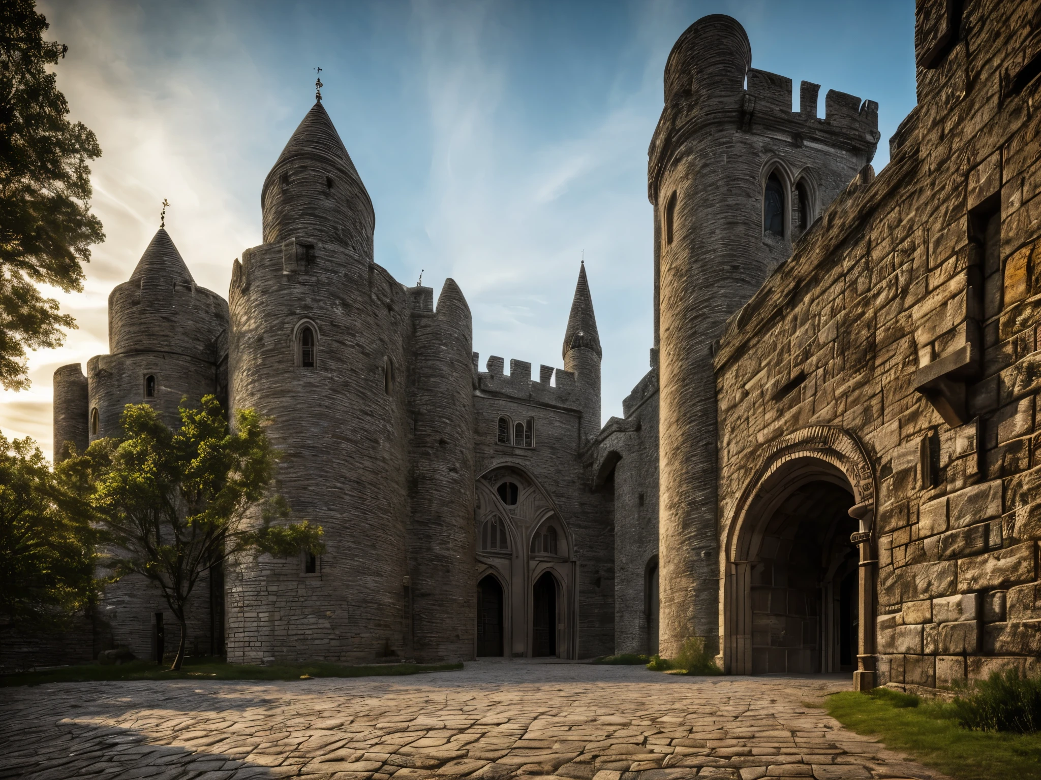 (best quality,4k,8k,highres,masterpiece:1.2),ultra-detailed,(realistic,photorealistic,photo-realistic:1.37),medieval heavy knight, outside a medieval castle, background towers, concrete floor, detailed armor, metallic sheen, towering stone walls, imposing gate, intricate stone carvings, weathered shields, flickering torches, ancient cobblestones, ominous atmosphere, dramatic lighting, rugged landscape.