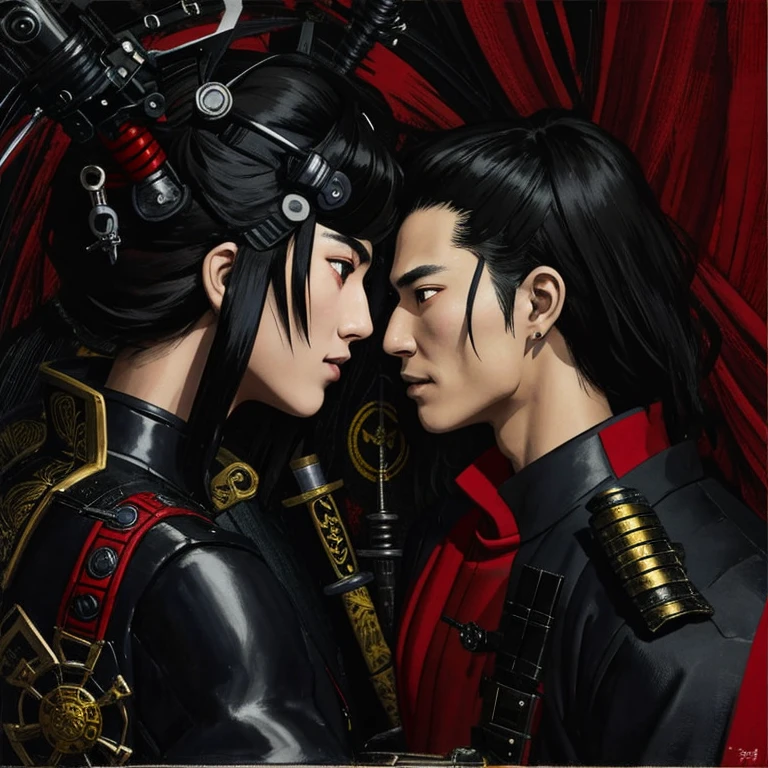 araffe dressed in a black suit holding a sword and a sword, cyborg samurai, cyber japan samurai armor, cyberpunk samurai, very beautiful cyberpunk samurai, full samurai armor spiderman, bio - mechanical ninja samurai, portrait of a cyberpunk samurai, cyber japan style armor, cyber japan armor, celtic and cyberpunk armor, black bull samurai, intricate assasin mecha armor