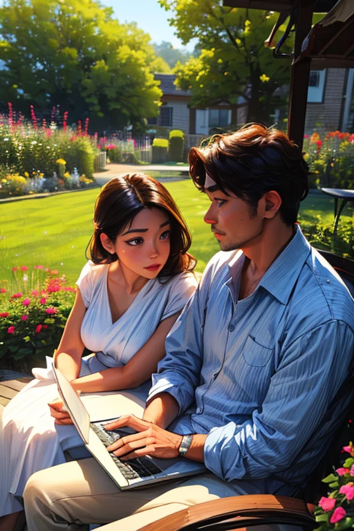 (best quality, highres, ultra-detailed, realistic:1.37), vibrant colors, natural lighting, couple sitting together in a quiet garden, looking at a laptop with surprised expressions, woman with beautiful detailed eyes, man with handsome features, lush green surroundings, blooming flowers, comfortable seating, tense atmosphere, laptops with intricate details, realistic rendering, detailed garden landscape, shocked body language, shocked expressions, pleasant weather, serene ambiance, modern clothing, attentive gaze, shaded area, mad interaction