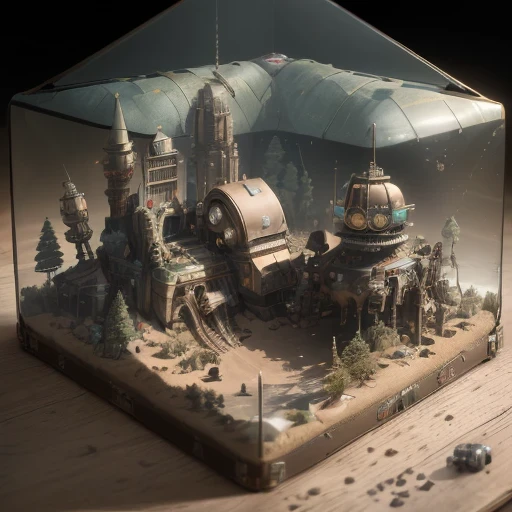 3598年Mars realistic model, (bifurcation, original photo, best quality, masterpiece:1.4),SteampunkCyberpunk6820 City,(CyberpunkMars light:1.3), Mars (related to land),(in a small glass tank box:1.3),Isometric, small nature, landscape on foundation,landscape,