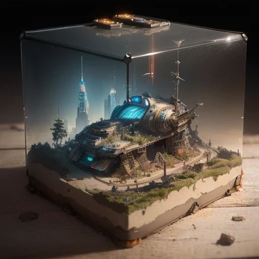 3598年Mars realistic model, (bifurcation, original photo, best quality, masterpiece:1.4),SteampunkCyberpunk6820 City,(CyberpunkMars light:1.3), Mars (related to land),(in a small glass tank box:1.3),Isometric, small nature, landscape on foundation,landscape,