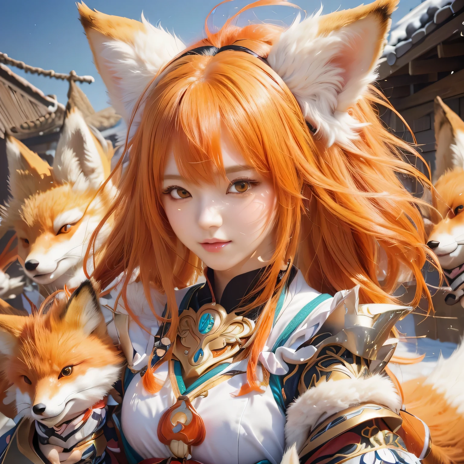 anime girl with orange hair and fox ears standing in front of a group of foxes, fox nobushi, a beautiful fox lady, detailed digital anime art, detailed anime character art, ayaka game genshin impact, girl with fox ears, trending on artstation pixiv, kitsune, colorful kitsune city, a beautiful kitsune woman, kitsune inspired armor