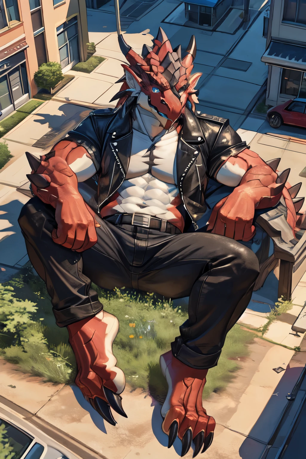 (full body), rathalos, male, anthro, rath wyvern, rathalos, scalie, clothed, clothing, black leather jacket, topwear, jeans, bottomwear, scales, horn, blue eyes, claws, macro, wearing tight clothes, in a tiny city, lounging