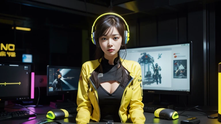 4K,beautiful women,headphone,SF,Illustration, science fiction artwork,yellow neon,gaming