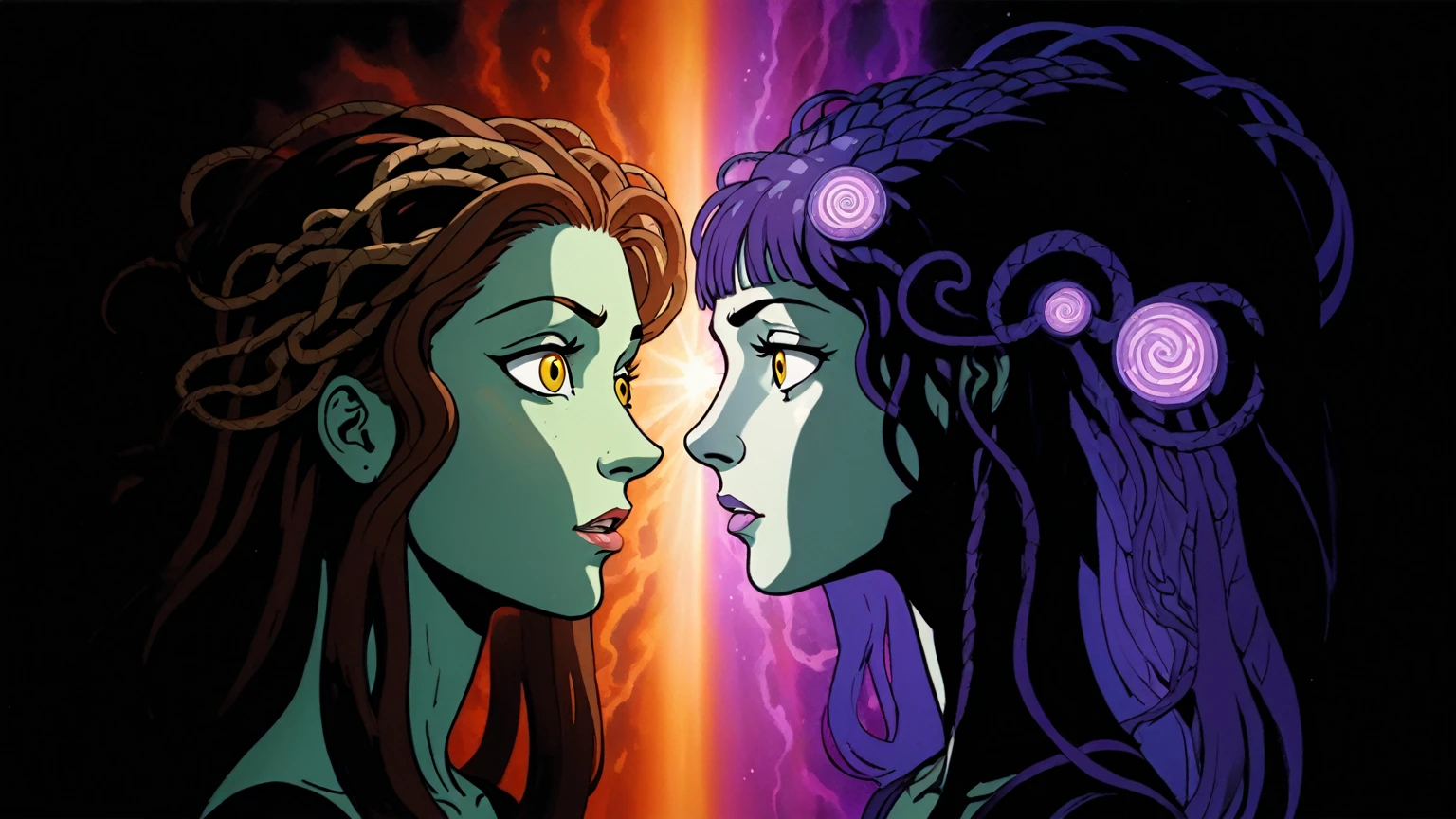 Daria and Jane portraying Medusa and Euryale (style reference Daria animated 1997, Medusa), existential crisis, floating through the ether, ethereal floatation disembodied consciousness humanity and the artificial and alien intelligences, stargate (wormhole) (cinematic, wordless, splash page, campy, b-movie cheesiness), Tarkovsky cinematography and framing and composition, intensely vivid, lush rich colorful, light rays across face similar to a light mask, universal cosmic decline, agitation, chaotic
