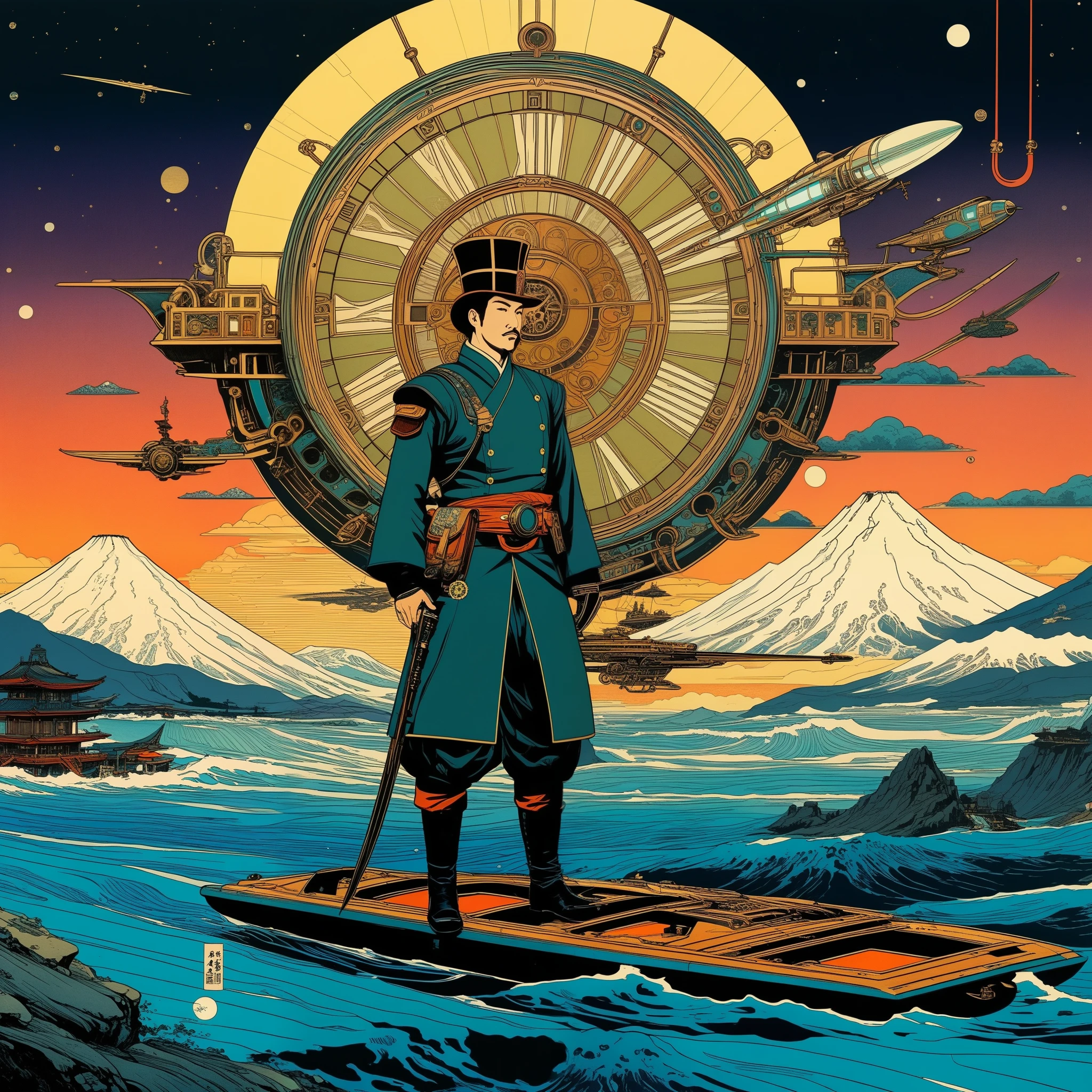 Retro Futurism collides with Ukiyo-E in a Psychedelic Steampunk Adventure