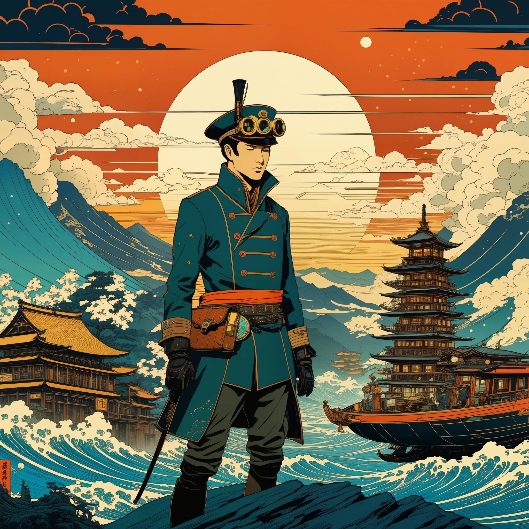 Retro Futurism collides with Ukiyo-E in a Psychedelic Steampunk Adventure