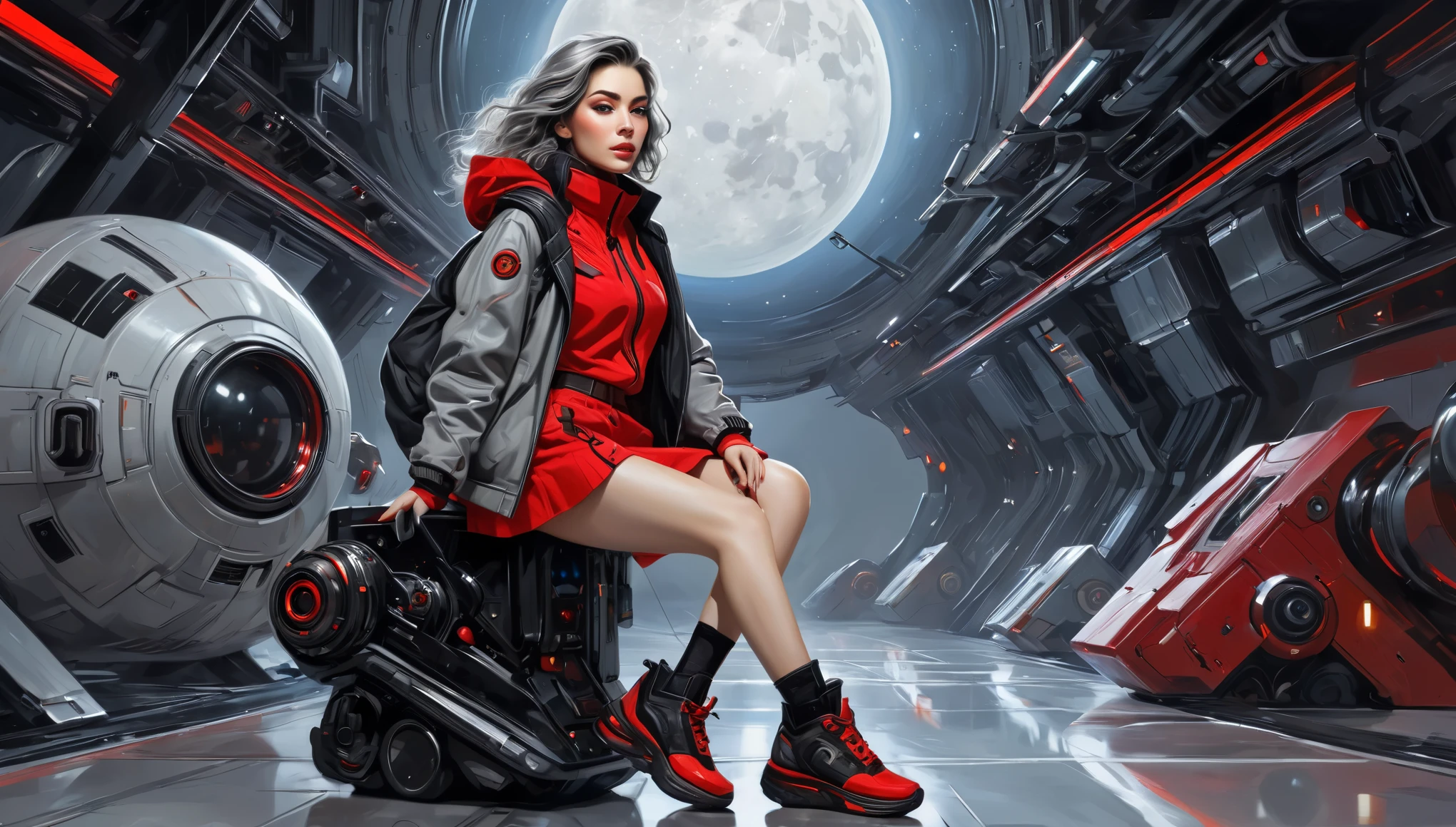 (Science fiction fantasy), (obra maestra), (Professional oil painting) (Mejor calidad), (8k resolution), (1 hermosa chica), ((pale gray skin)), (piel gris hierro), ((ropa vaquera)),(chaqueta roja)), ((camiseta negra debajo), ((pintalabios rojo)), ((zapatillas negras)), (arte conceptual), , (pelo largo), (pelo despeinado), (pelo blanco), (pelo gris hierro), ((con arma futurista)), (ammo), ((luz de luna de la noche)), (sentado pensando)), ((En el espacio)), Naves interplanetarias))