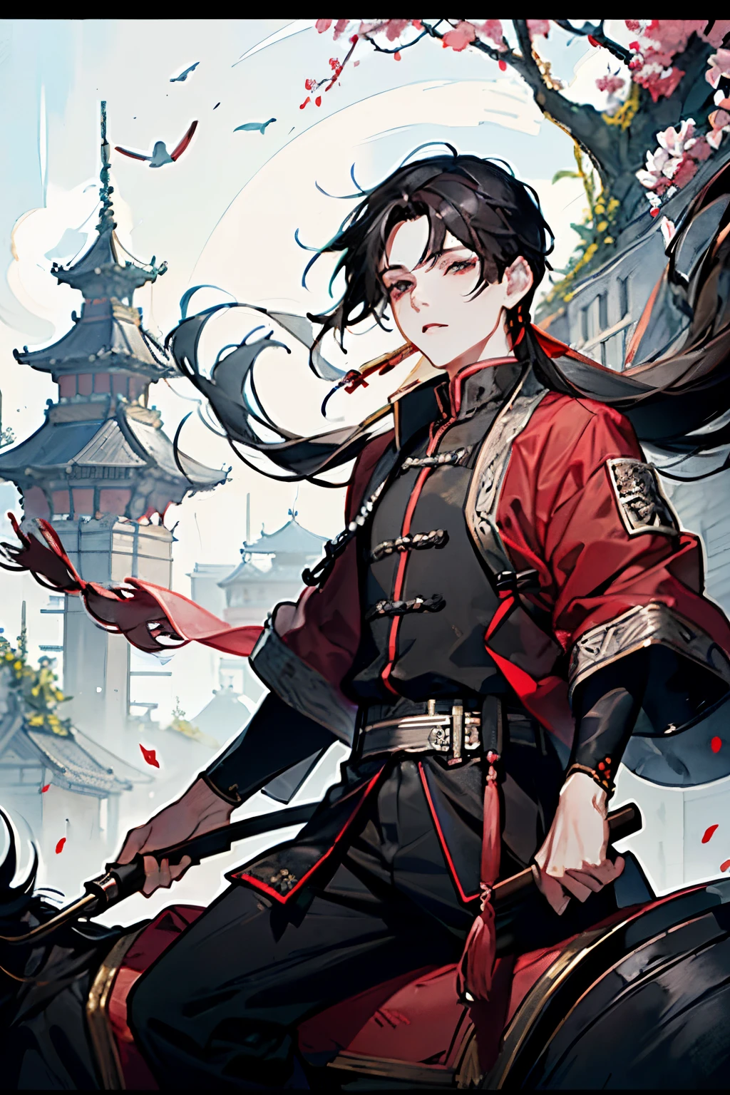 ((boy around 18 years old)),(Black Hair:1.3),(Long Hair:1.3),(Grey and red costume of an ancient Chinese soldier),(The atmosphere of a watercolor painting),Close-up of face,(Riding a horse)