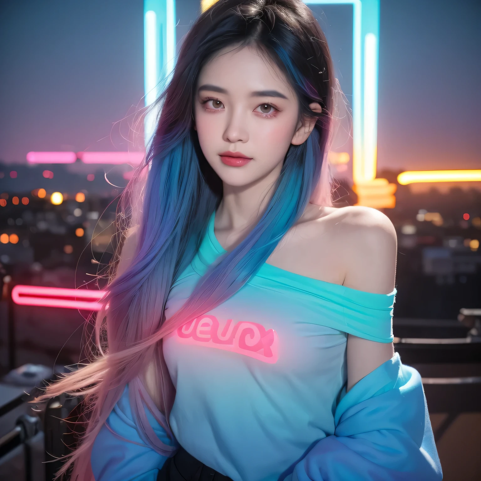 black hair, hair bobbles, wince, longeyelashes, solid circle eyes, light smile, ear blush, fang, Surrealism, drop shadow, anaglyph, stereogram, tachi-e, pov, atmospheric perspective, 8k, super detail, ccurate, best quality,(masterpiece), best quality, Ultra-high resolution,, Cyberpunk, 1 girl, Amazing city views ,Hoodies,Blue Hair, Very long hair, Off-shoulder, Feathered hair accessories, (gradient neon color:1.5), Flash, Movie Lighting, Reality, Realistic skin, HDR, Fisheye