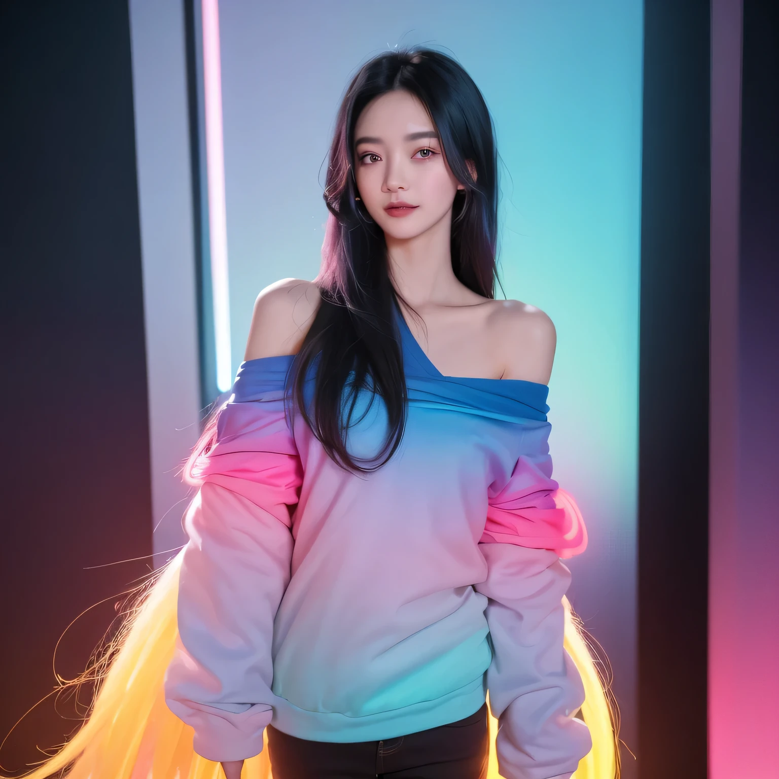black hair, hair bobbles, wince, longeyelashes, solid circle eyes, light smile, ear blush, fang, Surrealism, drop shadow, anaglyph, stereogram, tachi-e, pov, atmospheric perspective, 8k, super detail, ccurate, best quality,(masterpiece), best quality, Ultra-high resolution,, Cyberpunk, 1 girl, Amazing city views ,Hoodies,Blue Hair, Very long hair, Off-shoulder, Feathered hair accessories, (gradient neon color:1.5), Flash, Movie Lighting, Reality, Realistic skin, HDR, Fisheye