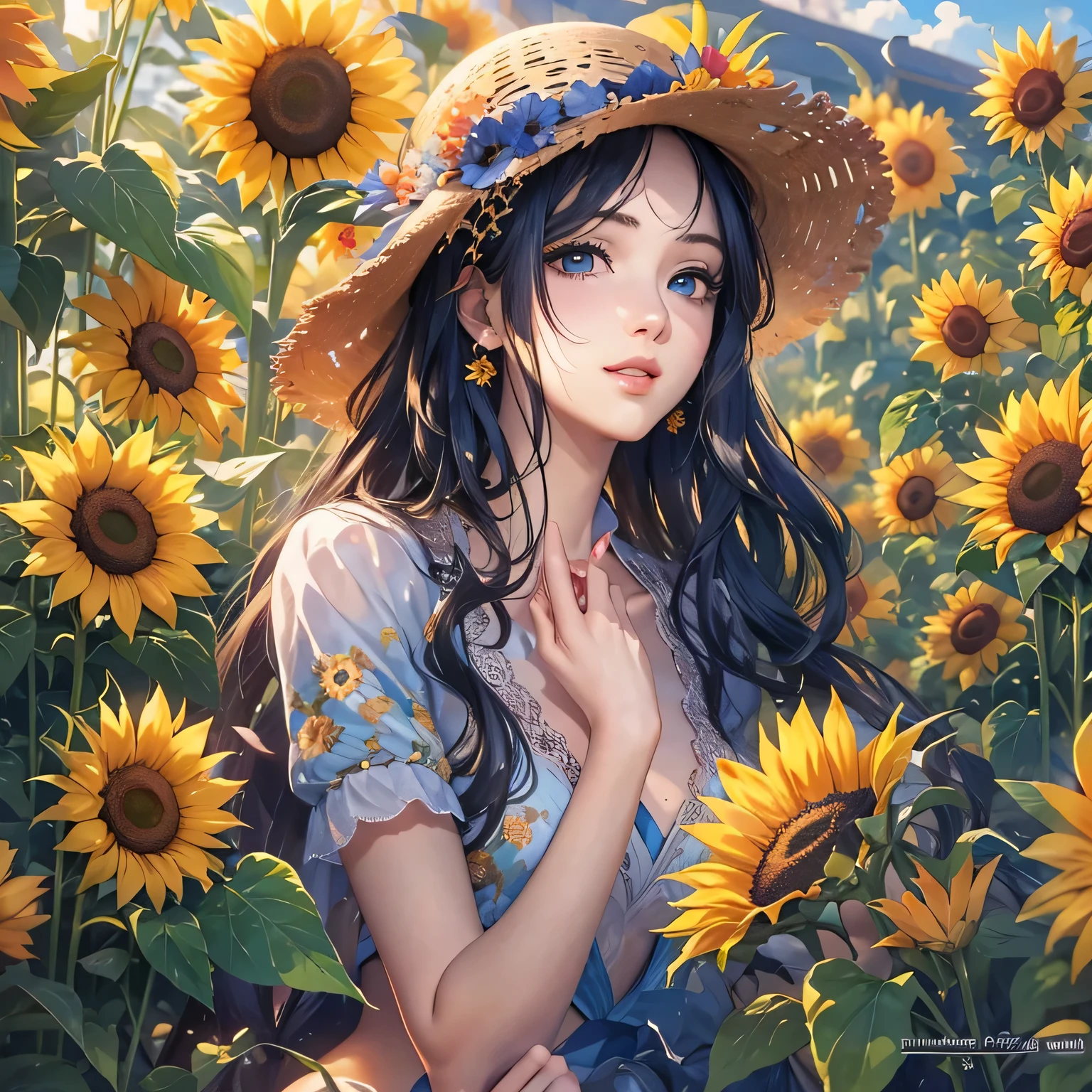 masterpiece、highest quality、High resolution、High-quality images、8k, 1 female、Skin Radiance、Texture of skin and clothing、Expression of fine eyes、Shiny light black hair,Girl with long braided hair, Manga inspired by Lee Jong-suk, Trending on deviantart, realism, detailed manga style, Manga art style, Perfect Line Drawing, Beautiful line art, digital manga art girl, K-POPアイドル, one piece,Large Breasts,Beautiful dark blue eyes, Lips become thicker, Gorgeous face with attention to detail, (Cute Smile), charm, Innocent, Side view, (Perfectly detailed face), (Beautiful Hands) Photorealistic images, Written boundary depth, Princess Hairstyles, sunflower， Straw hat,one piece,wonderful flower garden，Beautiful sunflower，Romanticism,