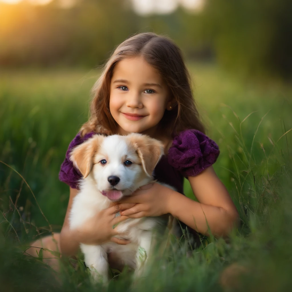 A tender moment captured on camera: a sweet young girl, with bright smile and curly locks, cradles a tiny puppy in her arms. The little pup's fluffy ears and paws peek out from the folds of her dress as she gazes lovingly at its adorable face. Soft focus, warm sunlight, and a blurred background create a cozy atmosphere, emphasizing the tender bond between this gentle girl and her new furry friend.
