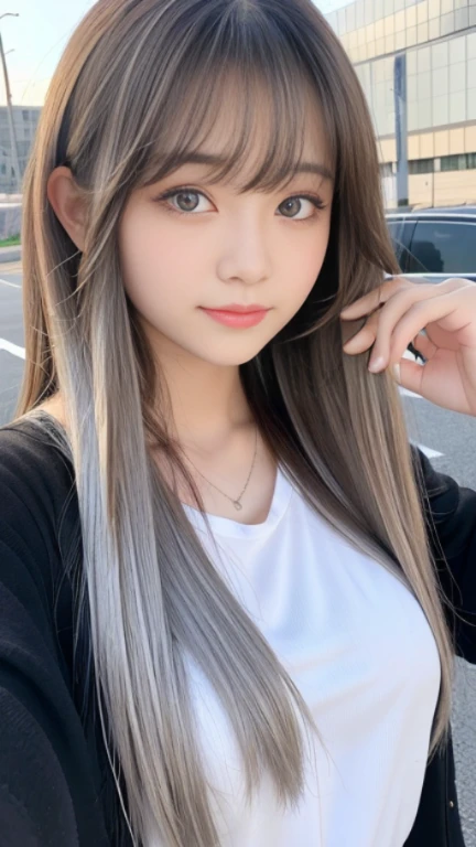 (Best Quality, in 8K, 32K, masutepiece, nffsw:1.3), Pottery muscle,Healthy,a 25yo woman,Very light ash gray colored hair: 1.1,poneyTail,Unique mesh color, (Upper and lower sweatshirts,parka: 1.1), Photography Studio, Ultra-detailed face, Detailed eyes, 二重まぶた,Sareme,Gentle eyes,Strong eyes,long eyelashes,Proud expression,a smile,a cool,Makeup thick,cheerful,gentle,cute little,