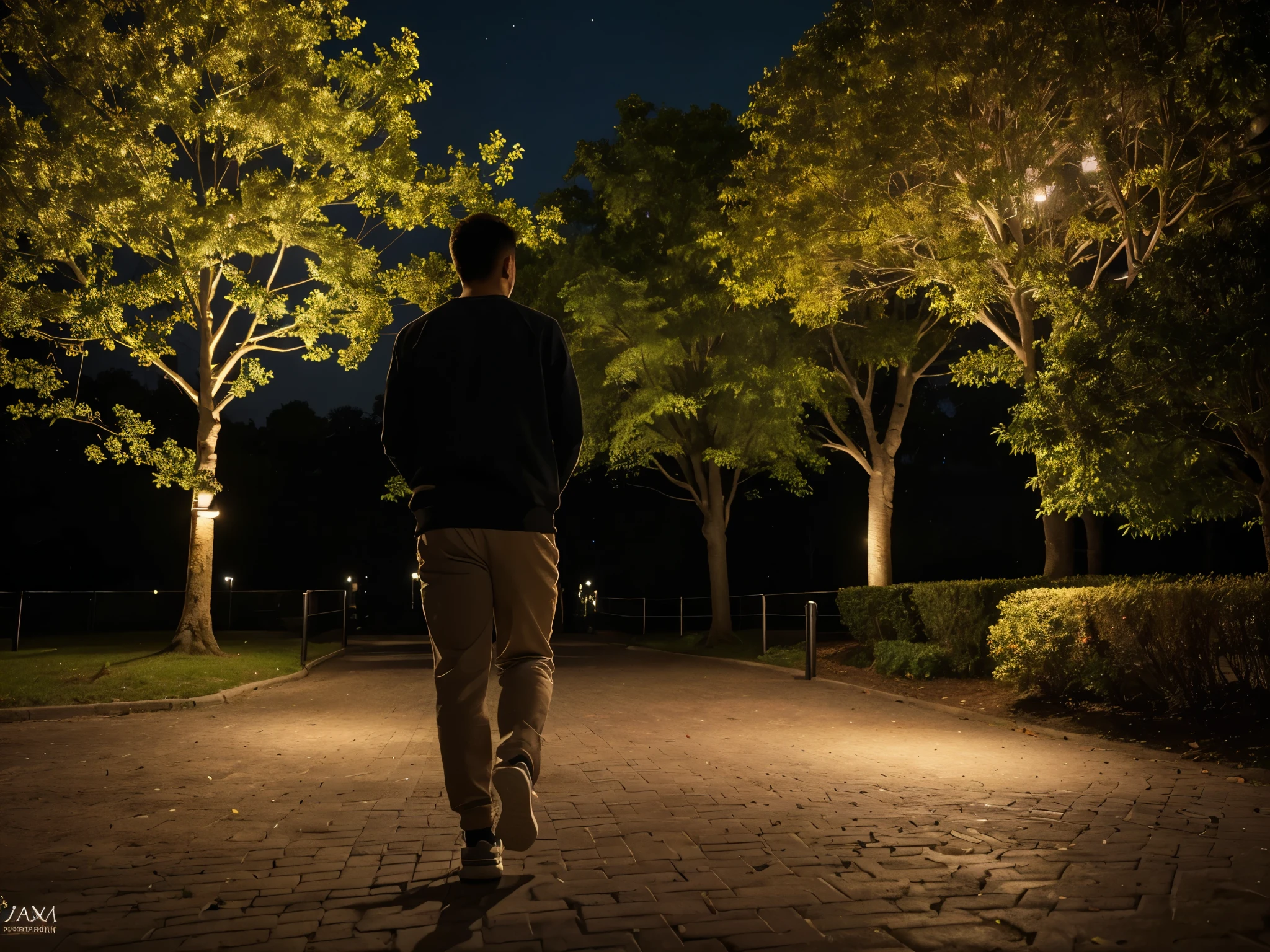 (a man:1.1,wearing casual clothes:1.1,wearing sneakers,walking:1.1,walking confidently,walking leisurely,walking at a relaxed pace) in a park at night,(concrete walkway,illuminated:1.1),with trees and gabezo:1.1 in place,(luxurious lamps:1.1,casting a warm and soft light),creating a beautiful and serene atmosphere. (best quality,4k,8k,highres,masterpiece:1.2),(ultra-detailed,realistic:1.37),(vivid colors:1.1),(nighttime color scheme:1.1)