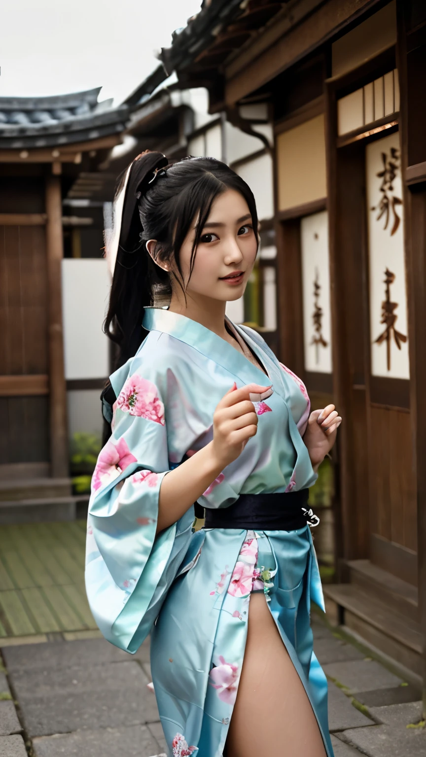 Browsing Caution、最high quality、high quality、Best image quality、8k、最High resolution、High resolution、最high quality、masterpiece、born、Realistic atmosphere、(Detailed face)、(Beautiful Hands、thumb１reference４)、(The Beauty of Japan )、Very nice face、Cute face、((Beautiful Japanese Girl))、(woman), ((18 year old beautiful girl))、(Shiny black hair)、(Straight Long Hair)、(ponytail)、whole body、Slim Style、(Shiny skin)、(Fair skin, Glowing Skin)、Real human skin、Realistic human body structure、Perfect body， Perfect Face， Perfect hands， Perfect Fingers， Perfect Lips， Perfect Eyes，Perfect Teeth、The perfect background， Perfect atmosphere，Looking at the camera、 Natural soft light、samurai kimono、maiko kimono、servant、geisha kimono、Japanese Kimono、Japanese tradition、In front of a Japanese samurai residence、((Transparent Random Color(Samurai kimono with floral pattern、Side slit hakama))、((Sexy pose with movement))、((Angle from a random angle))